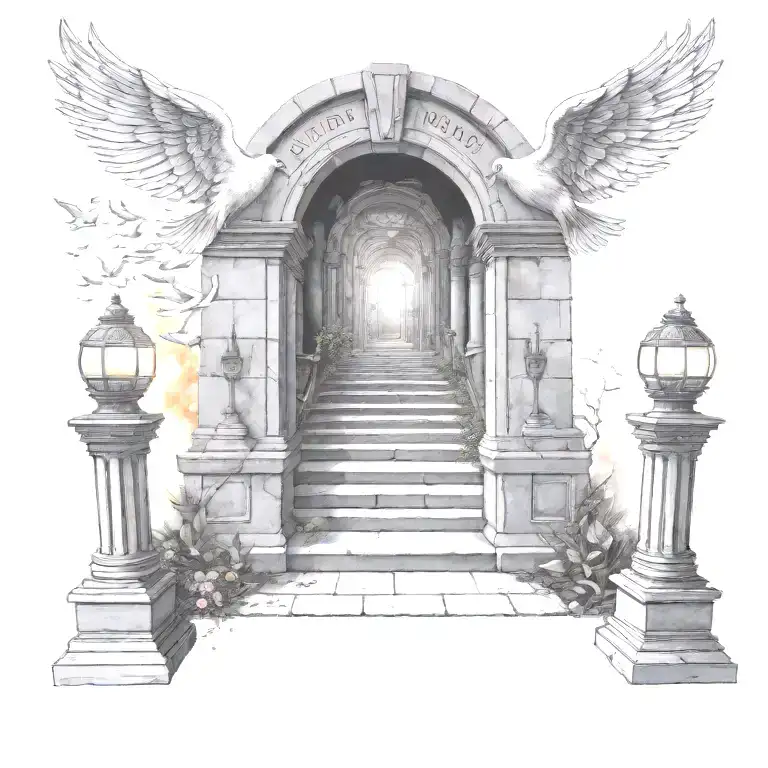 heaven stair way open gates doves flying and lights from heaven rip lost family on tombstone with bible verse Psalm 23 tattoo design idea