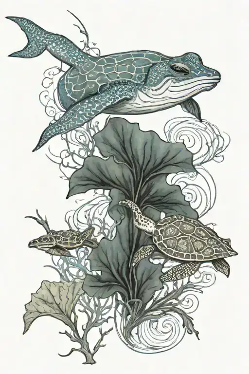 Blue spotted stingray swimming in seaweed with turtle tattoo design idea