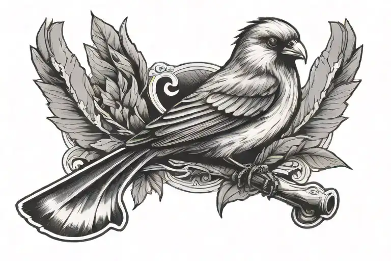 horizontal view of a small bird with a tomahawk as a beak tattoo design idea