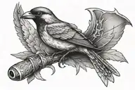 horizontal view of a small bird with a tomahawk as a beak tattoo design idea