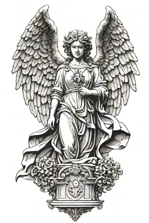 angel statue real details full upper arm tattoo design idea
