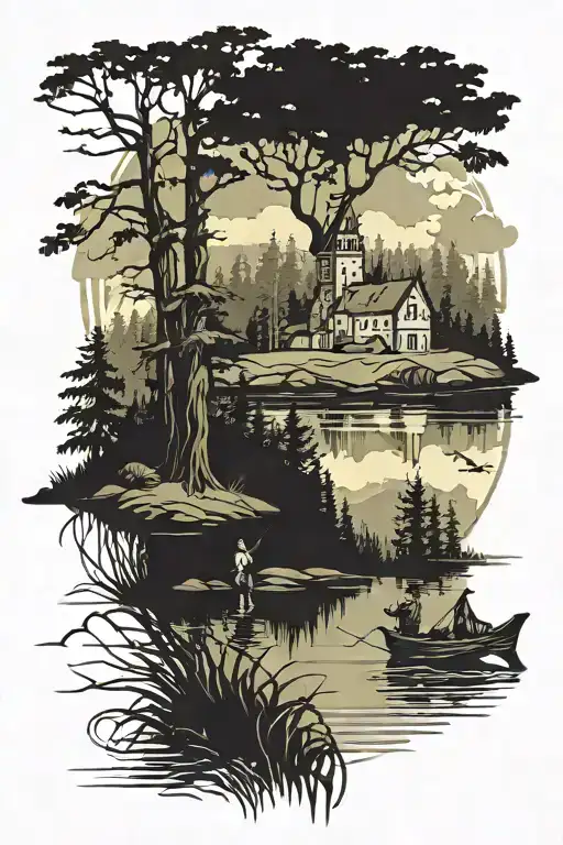 hunting, fishing, forest, lake, church   tattoo design idea