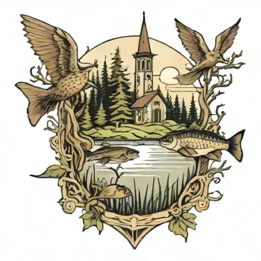 hunting, fishing, forest, lake, church   tattoo design idea