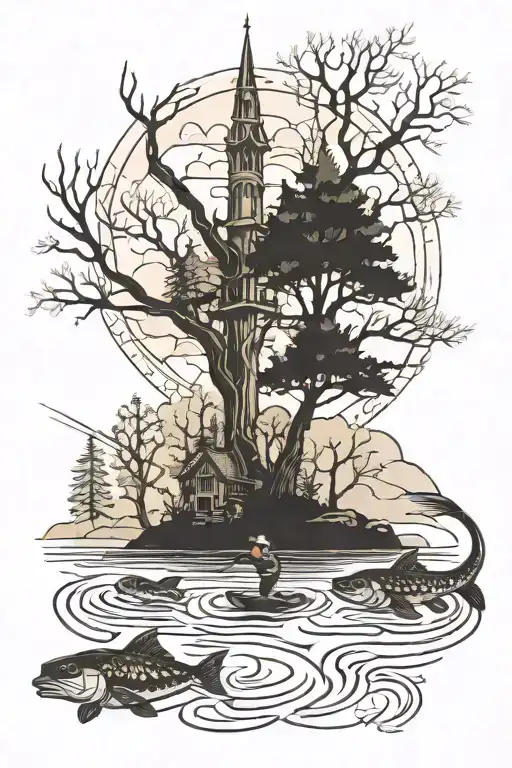 hunting, fishing, forest, river, church   tattoo design idea