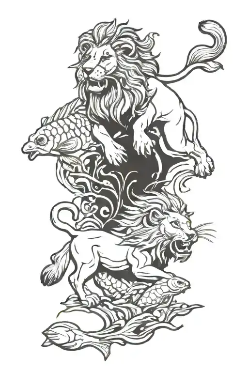 Lion fighting a ram surrounded by fish tattoo design idea