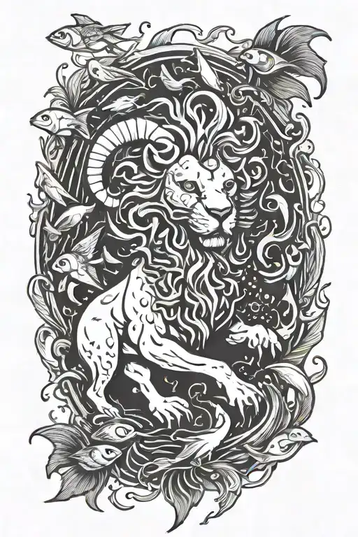 ram fighting lion surrounded by fish tattoo design idea