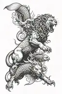 ram fighting lion surrounded by fish tattoo design idea