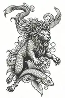 ram fighting lion surrounded by fish tattoo design idea
