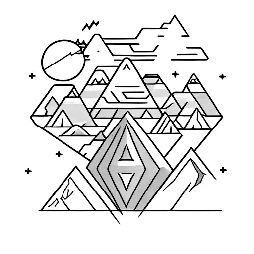 Mountain scene in a diamond form, with star wars ships, clone helmet in viking style and the text: Ad astra, per aspera tattoo design idea