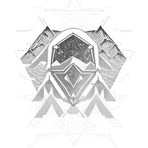 Mountain scene in a diamond form, with star wars ships, clone helmet in viking style and the text: Ad astra, per aspera tattoo design idea