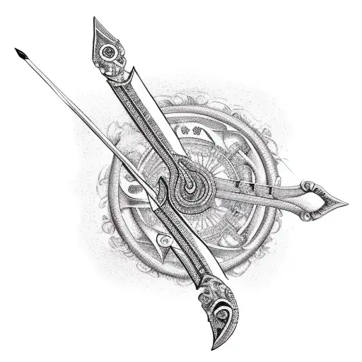 A realistic bow and arrow with intricate details, surrounded by musical notes and lyrics that represent the couple's favorite song tattoo design idea