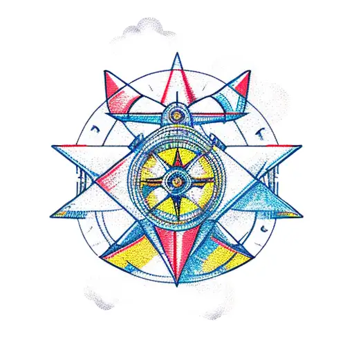  Lion and  flying aeroplane and compass  tattoo design idea