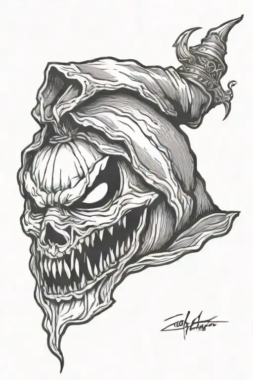 one quarter head shot of jack-o'-lantern in a hood tattoo design idea