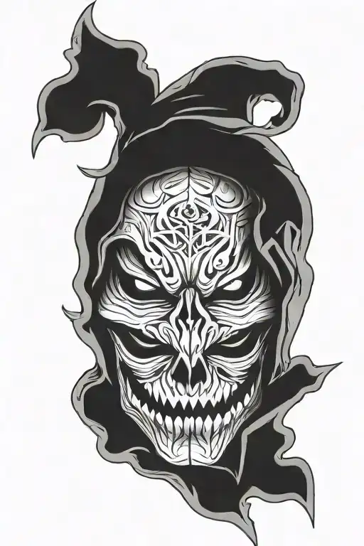 one quarter head shot of jack-o'-lantern in a hood tattoo design idea