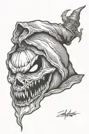 one quarter head shot of jack-o'-lantern in a hood tattoo design idea