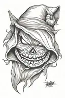 one quarter head shot of jack-o'-lantern in a hood tattoo design idea