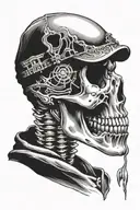 one quarter head shot of skeleton wearing a hood tattoo design idea