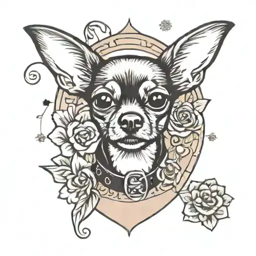 Traditional tattoo of buff chihuahua wearing a dog collar with “Penny” inside a flower frame with “GIGI” on it.  tattoo design idea