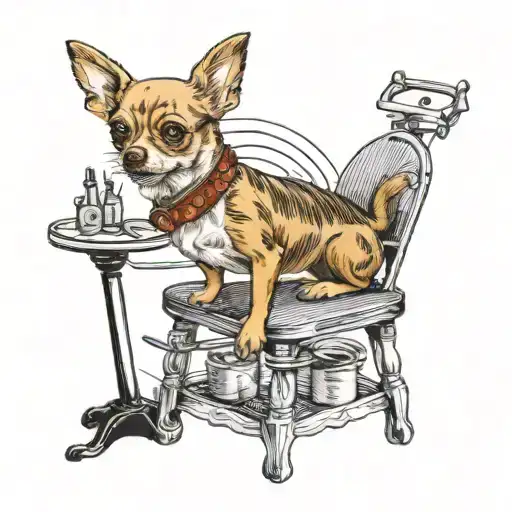 Traditional tattoo of a chihuahua with a groom's outfit, standing on a barber chair with grooming tools around tattoo design idea