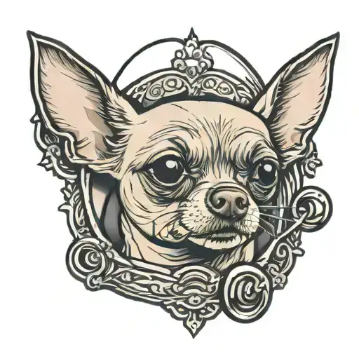 Traditional tattoo of buff chihuahua wearing a dog collar with “Penny” inside a frame with “GIGI” on it.  tattoo design idea
