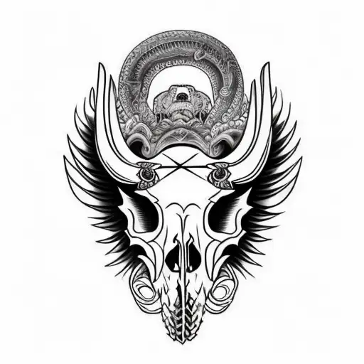 Hog Skull with tusk  Side Profile with large angle wings tattoo design idea