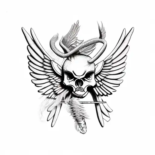 pig skeleton, long tusk, large wings tattoo design idea