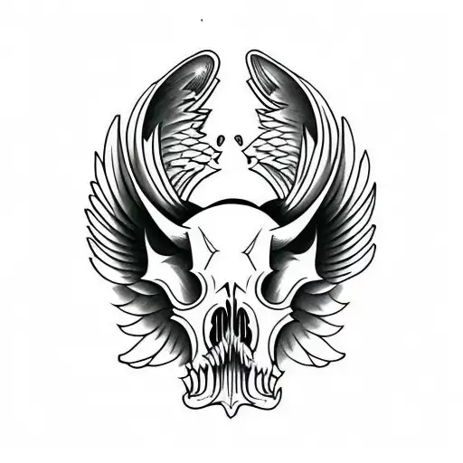 Hog Skull with tusk  Side Profile with large angle wings tattoo design idea