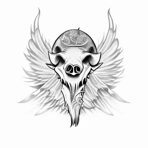 pig skeleton, long tusk, large wings, flames tattoo design idea