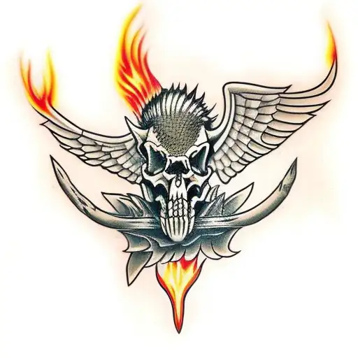 Hog skeleton with tusk standing up with wings and flames surrounding  tattoo design idea