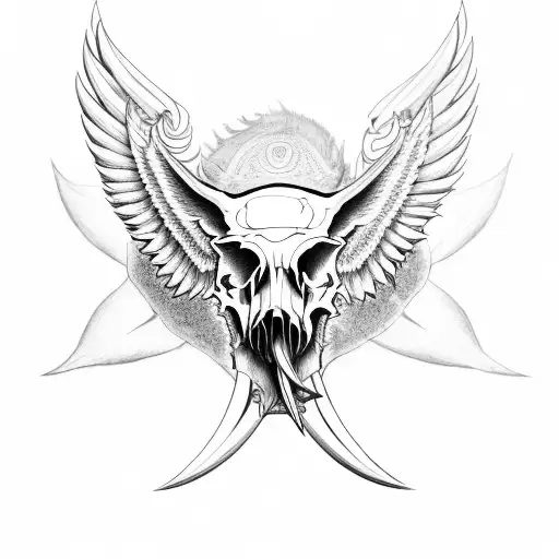 Hog Skull with tusk Surrounded by large angle wings tattoo design idea