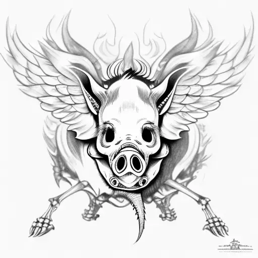 pig skeleton, long tusk, large wings, flames tattoo design idea