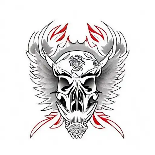Hog Skull Side Profile with large angle wings tattoo design idea