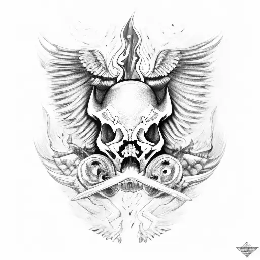 pig skeleton, long tusk, large wings, flames tattoo design idea