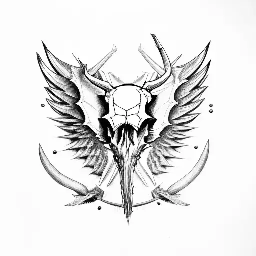 Hog Skull with tusk Surrounded by large angle wings tattoo design idea