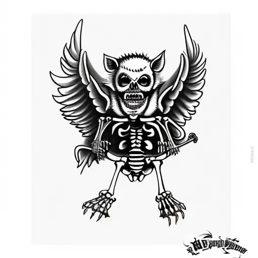 Hog skeleton standing up with wings tattoo design idea