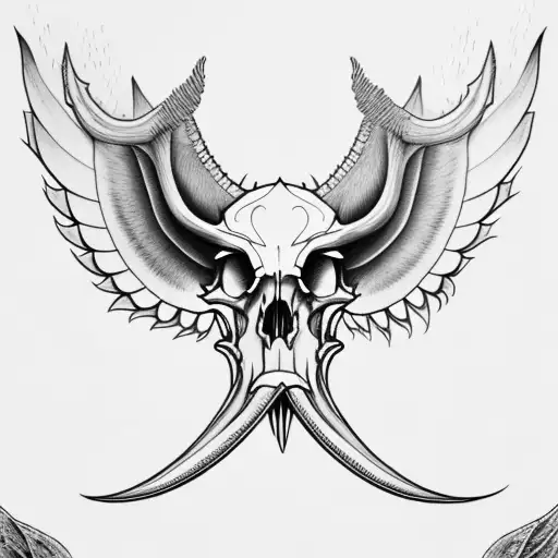 Hog Skull with tusk Surrounded by large angle wings tattoo design idea