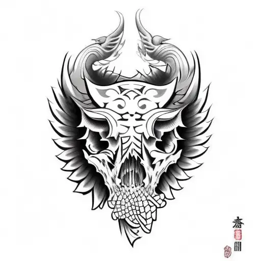 Hog Skull with tusk  Side Profile with large angle wings tattoo design idea