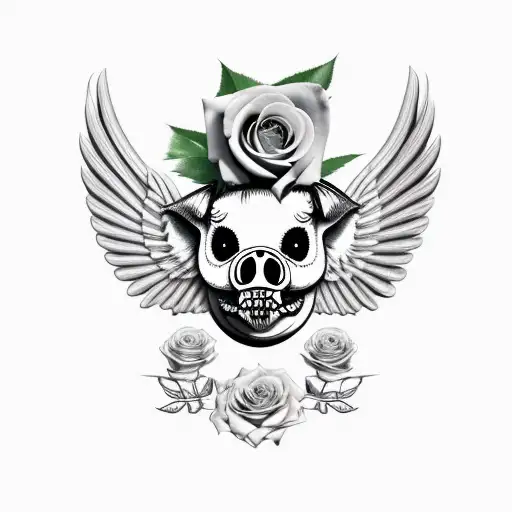pig skeleton, long tusk, large wings, roses tattoo design idea