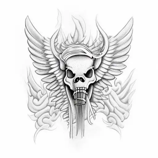 pig skeleton, long tusk, large wings, flames tattoo design idea