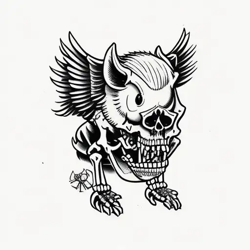 Hog skeleton standing up with wings tattoo design idea