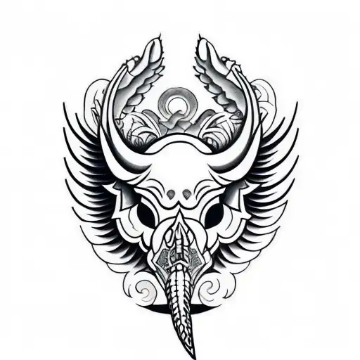 Hog Skull with tusk  Side Profile with large angle wings tattoo design idea