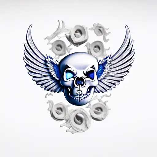 pig skeleton, long tusk, large wings, flames tattoo design idea