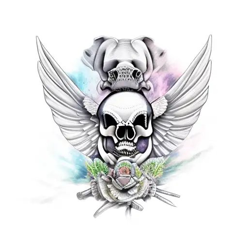 pig skeleton, long tusk, large wings tattoo design idea