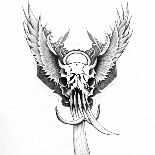Hog Skull with tusk Surrounded by large angle wings tattoo design idea