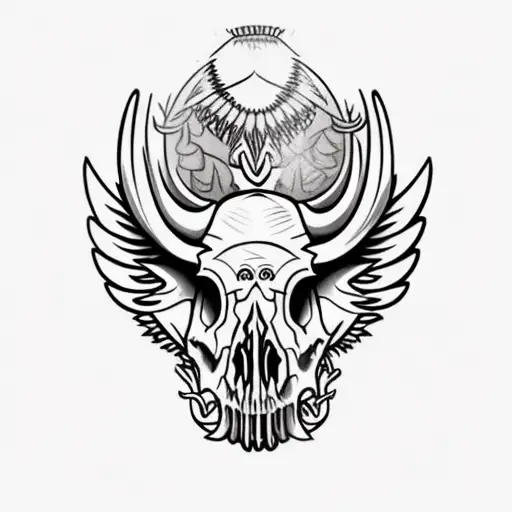 Hog Skull with tusk  Side Profile with large angle wings tattoo design idea