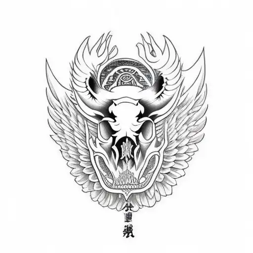 Hog Skull Side Profile with large angle wings tattoo design idea