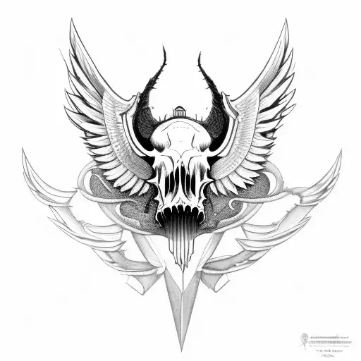 Hog Skull with tusk Surrounded by large angle wings tattoo design idea