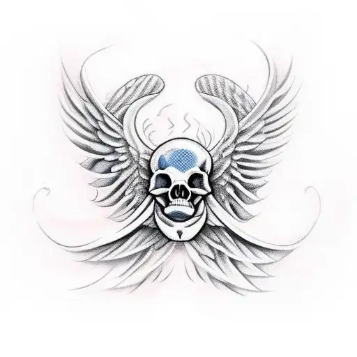 pig skeleton, long tusk, large wings, flames tattoo design idea