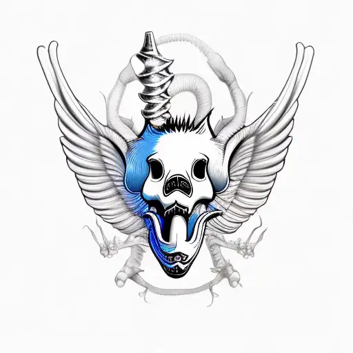 pig skeleton, long tusk, large wings tattoo design idea