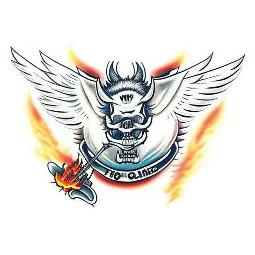 Hog skeleton with tusk standing up with wings and flames surrounding  tattoo design idea